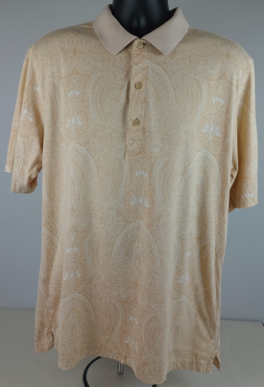 Greg Norman Mens L Tan Beige White Paisley Short Sleeve Polo Shirt